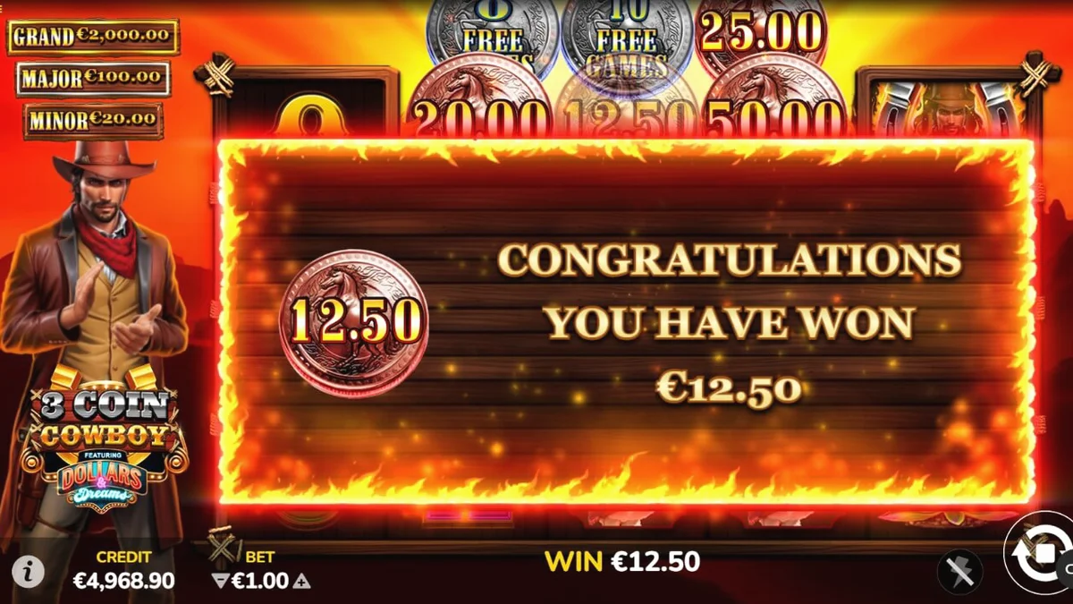 3 Coin Cowboy Dollars & Dreams slot machine interface featuring Wild West theme