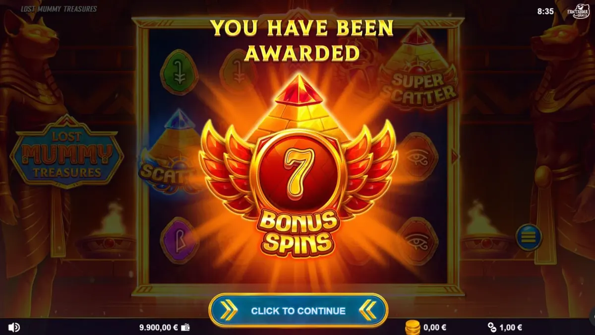 Lost Mummy Treasures slot machine interface showing Egyptian gods and mystery symbols